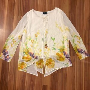 100% silk flowy sheer fairy top with beaded front tie